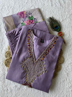 Elegant Lavender Premium Mul Chanderi Hand-Work Suit Set with Floral Dupatta