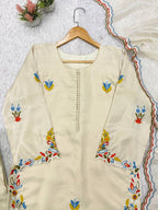 Premium Festive Cream Embroidery Glass Roman Silk Suit Set