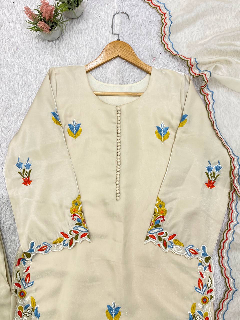 Premium Festive Cream Embroidery Glass Roman Silk Suit Set