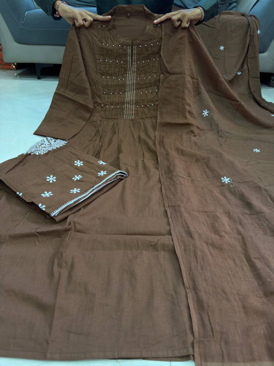 Elegant Brown A-Line Handwork Pure Cotton Suit Set