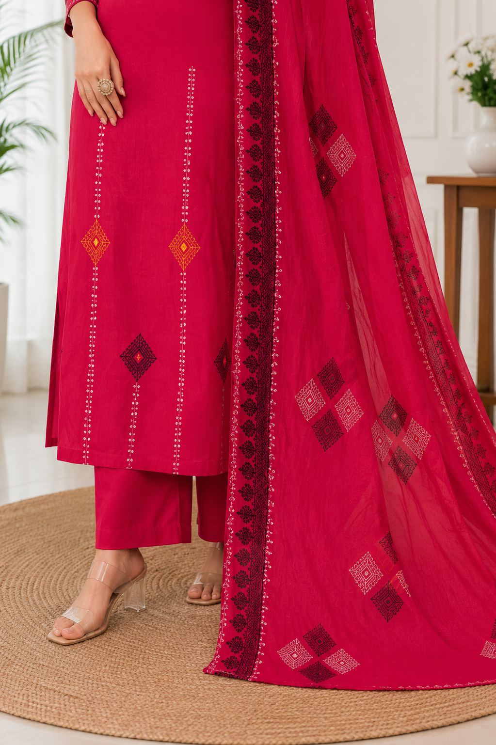 Attractive Rani Pink Pure Cotton Ethnic Suit Set with Hand Block Print Work