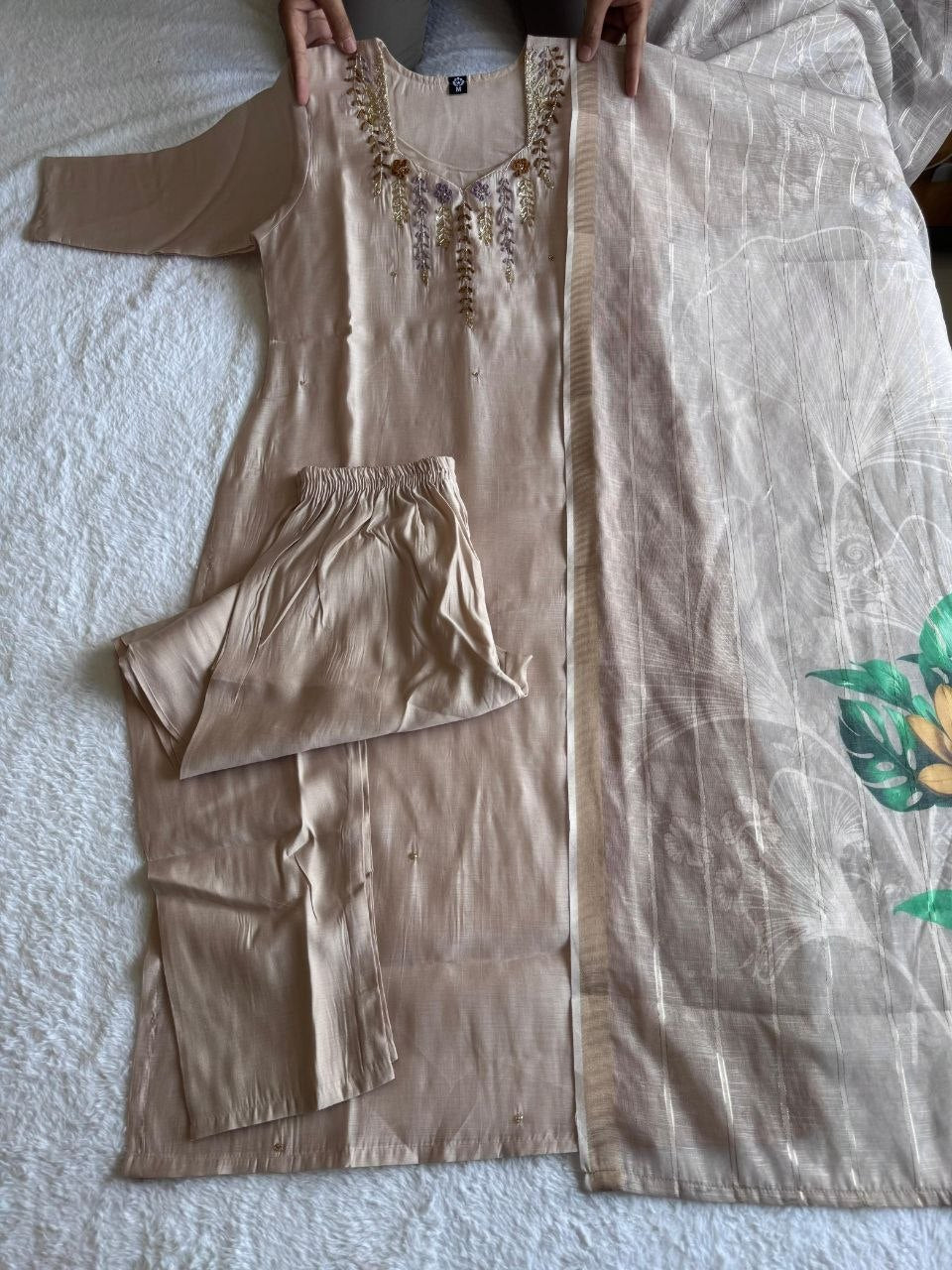 Elegant Beige Hand Work Premium Mul Chanderi Suit Set With Floral Dupatta