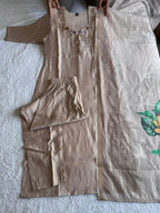 Elegant Beige Hand Work Premium Mul Chanderi Suit Set With Floral Dupatta