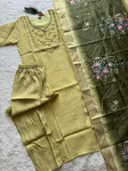 Very Beautiful Lime Green Handwork Premium Mul Chanderi Suit Set