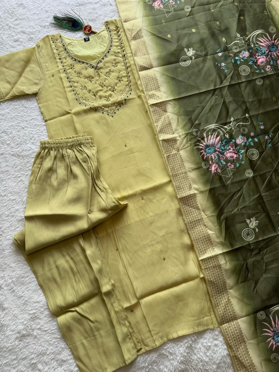 Very Beautiful Lime Green Handwork Premium Mul Chanderi Suit Set