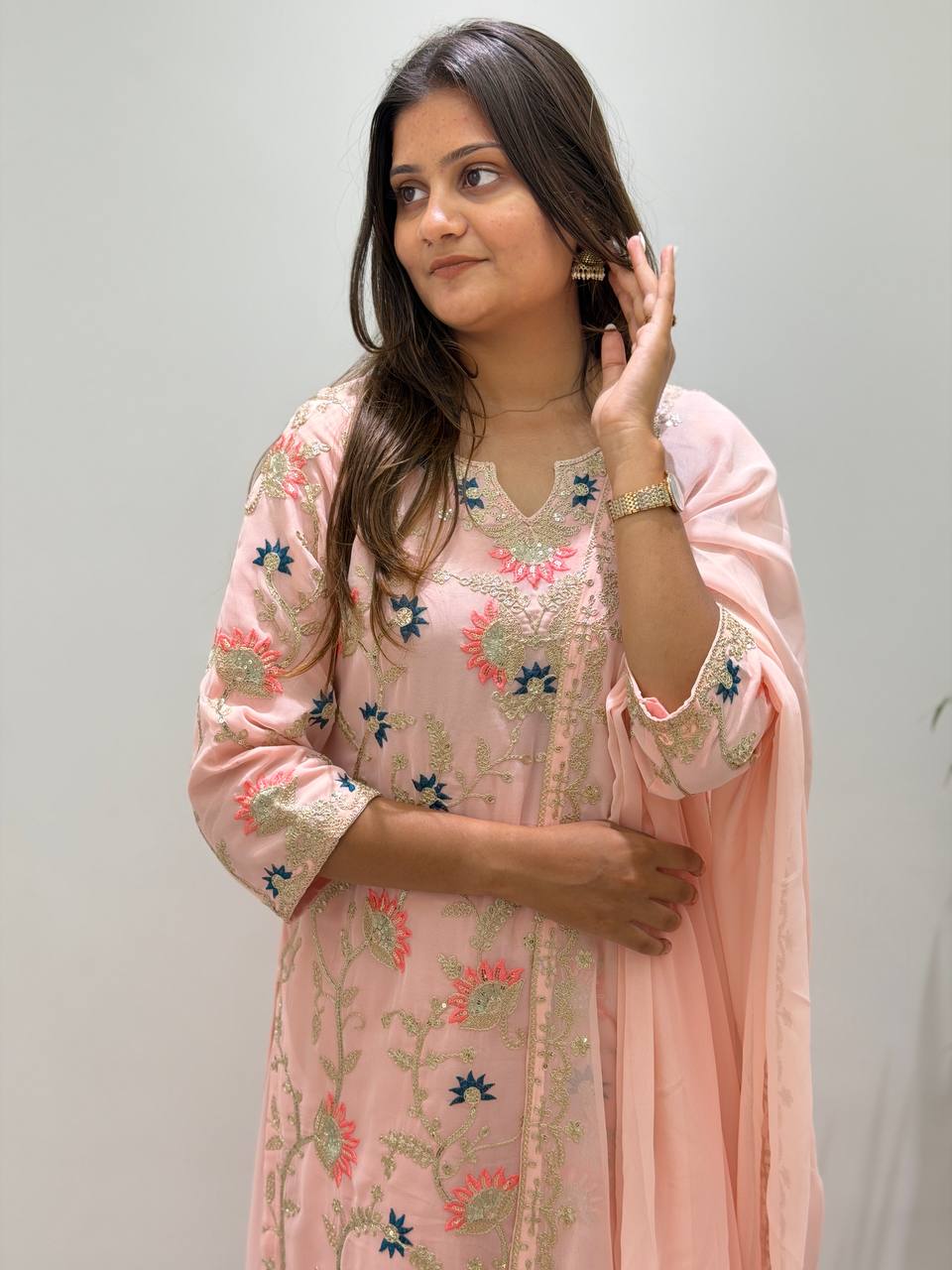 Premium Designer Pink Georgette Embroidery Suit Set