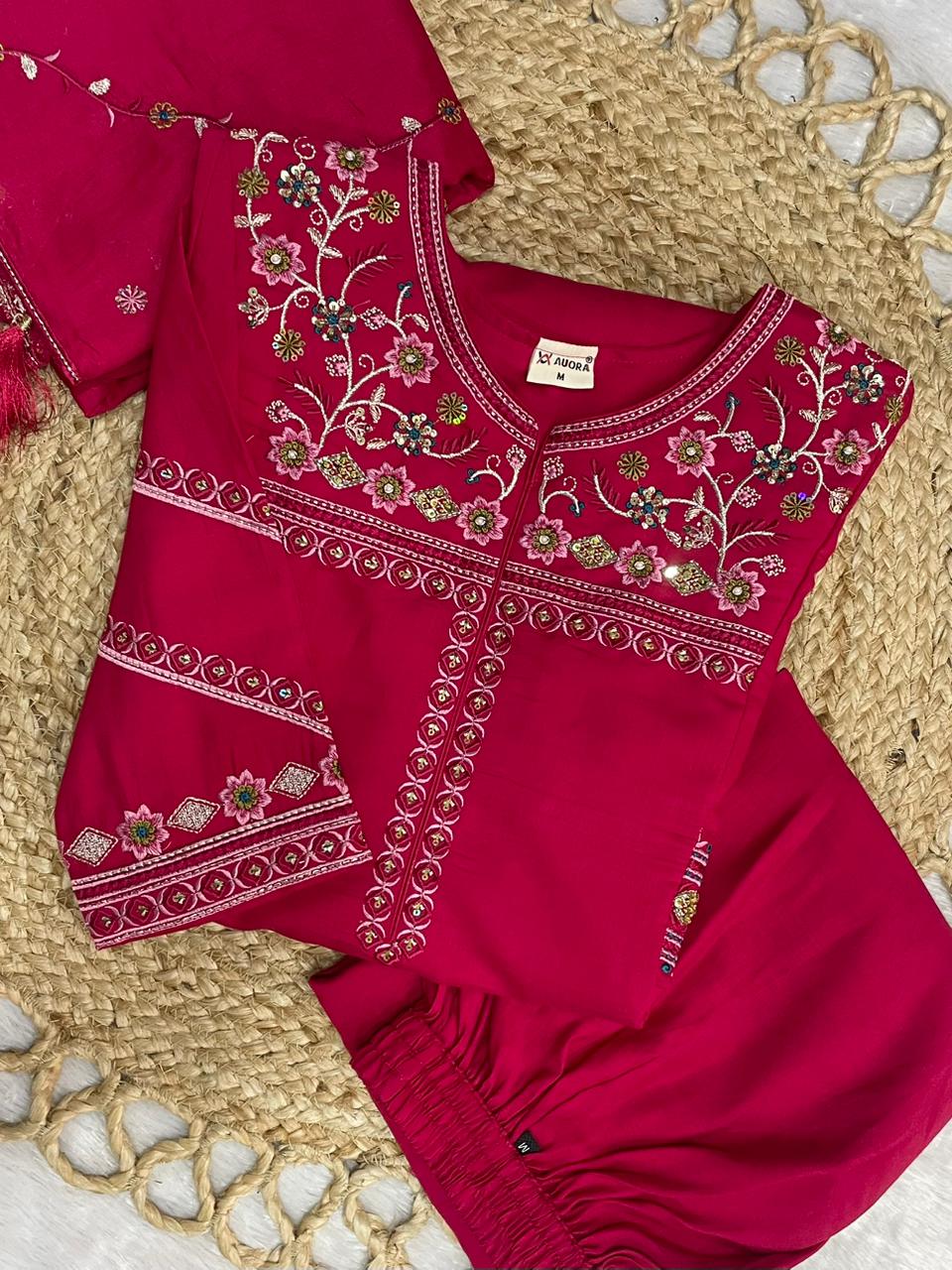 Attractive Rani Pink Viscose Mango Silk Anarkali Kurti Set