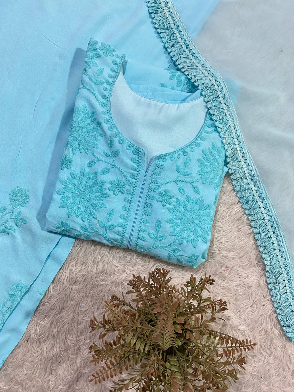 Elegant Sky Blue Rayon Embroidered Salwar Suit with Palazzo Pants