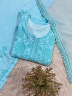 Elegant Sky Blue Rayon Embroidered Salwar Suit with Palazzo Pants
