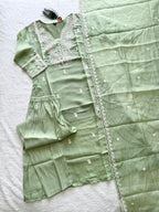 Pista Green Pure Mul Chanderi Embroidered A-Line Suit Set with Dupatta