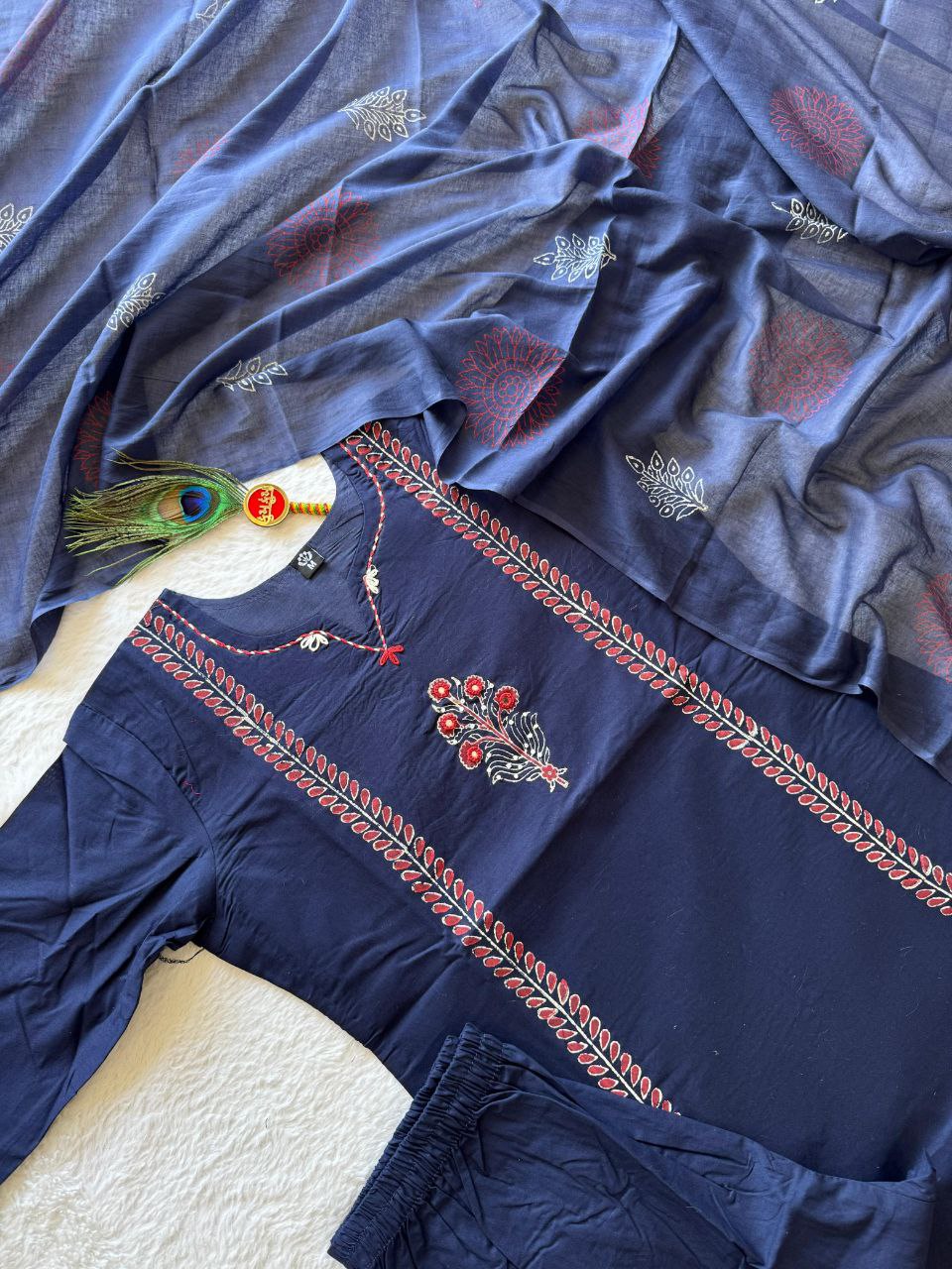 Very Attractive Blue Pure Cotton Hand Block Print Suit Set