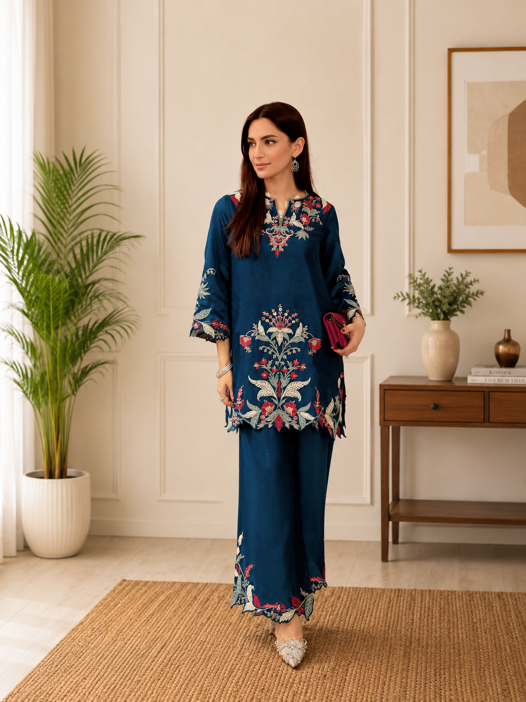 Premium Teal Blue French Crepe Embroidered Co-ord Set