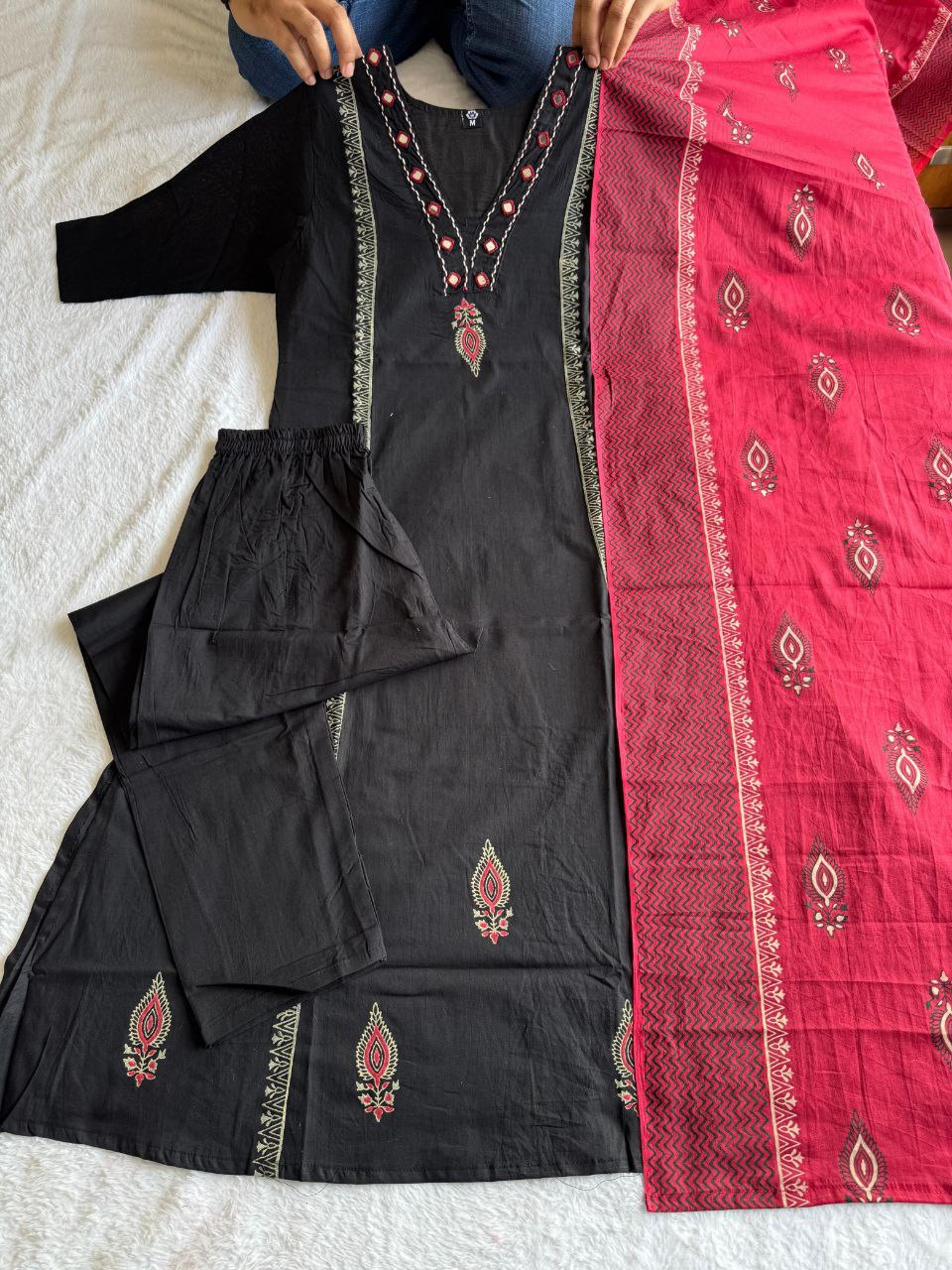 Classic Black Cotton Ethnic Suit Set With Block Print With Real Mirror Hand Work