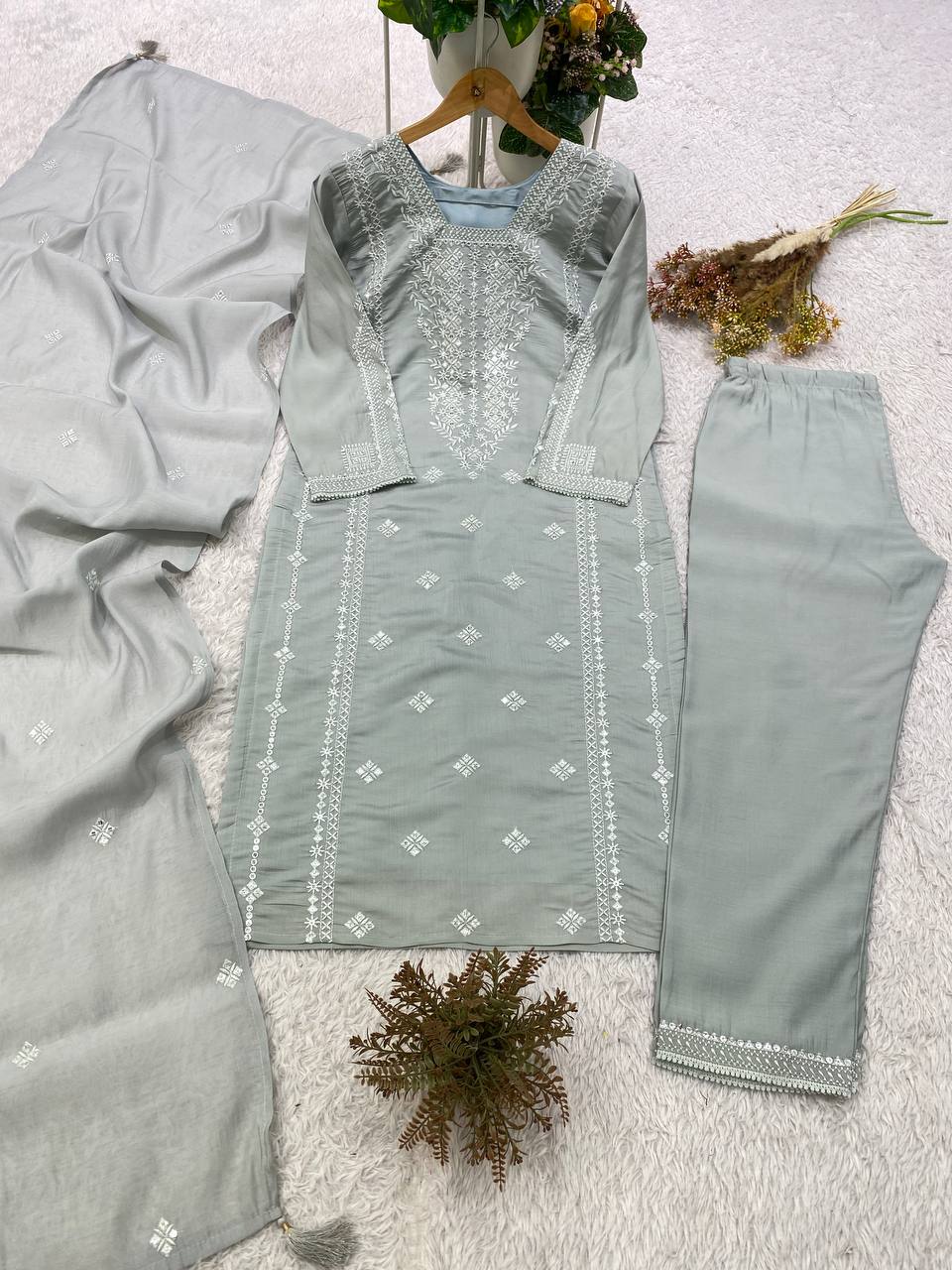 Catchy Light Sage Roman Silk Embroidered Suit Set