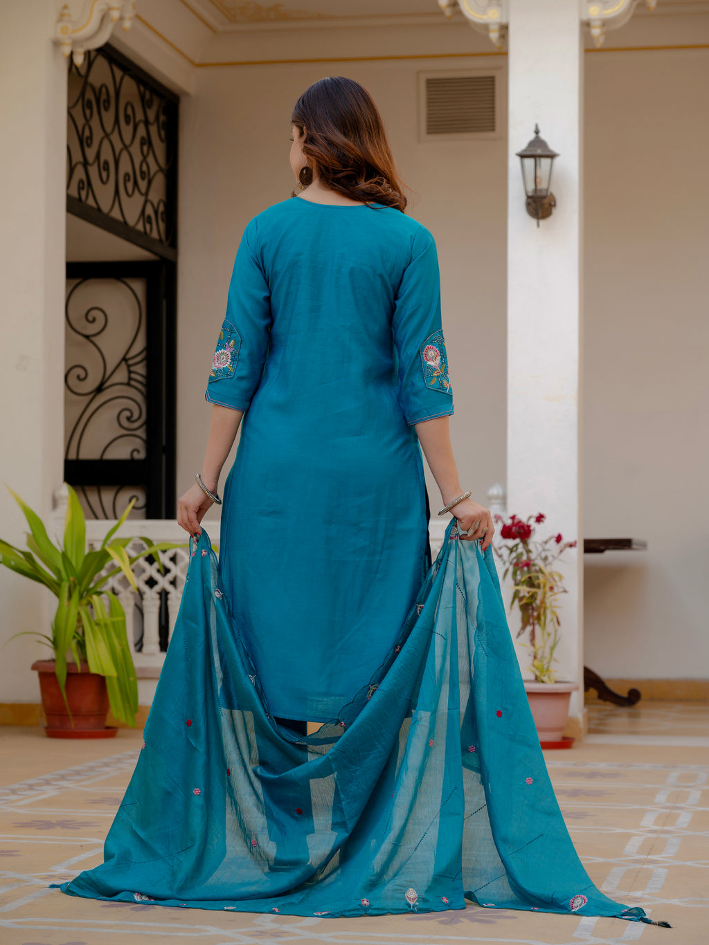 Very Attractive Firozi  Pure Viscose Mango Silk Embroidered Kurta Set with Dupatta