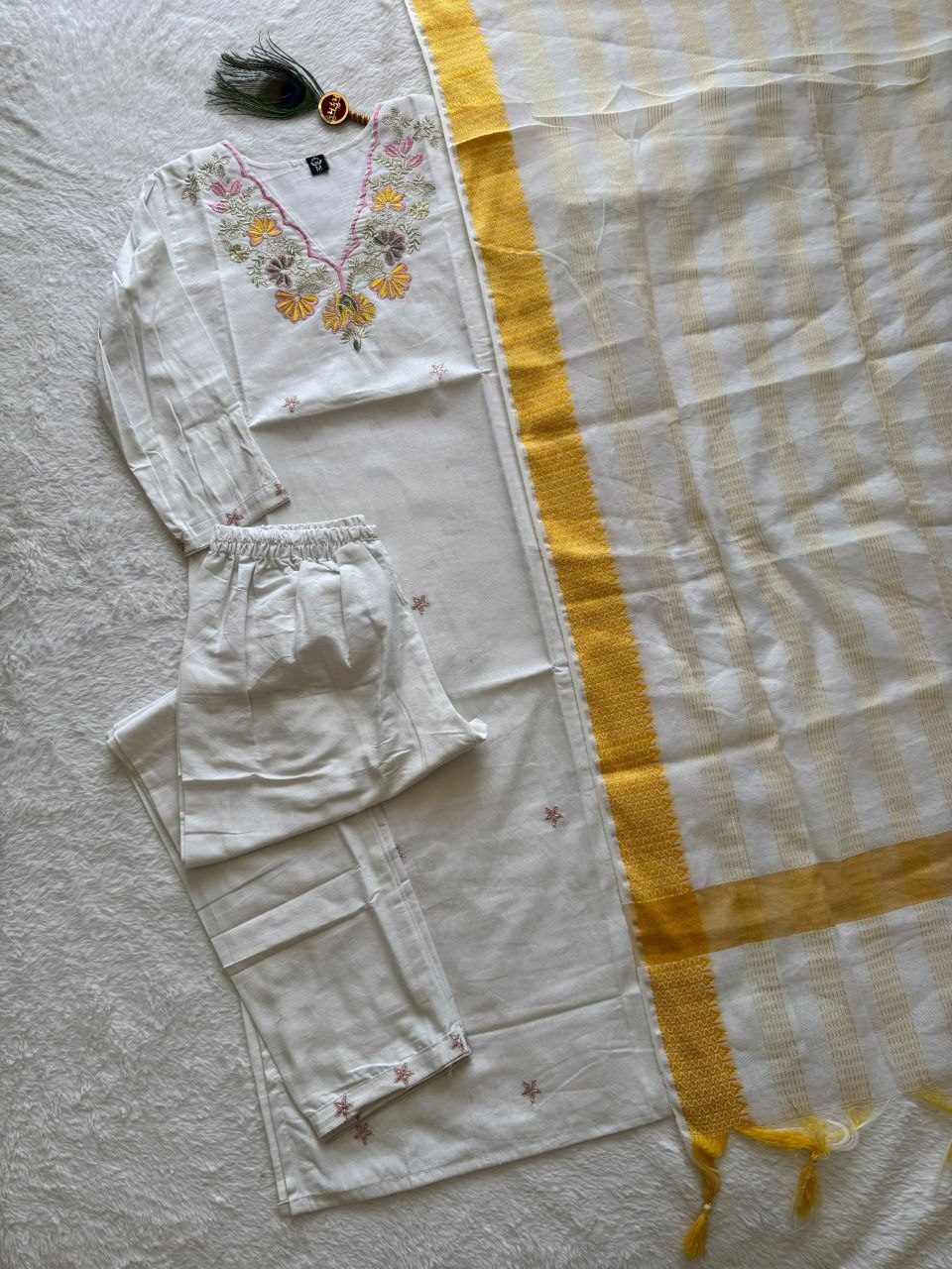 Pure Khadi Cotton Multi-Thread Embroidered Kurta Pant Set with Dupatta