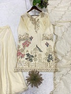 Very Beautiful Cream Fendy Silk Suit Set with Peacock Sequins Embroidery