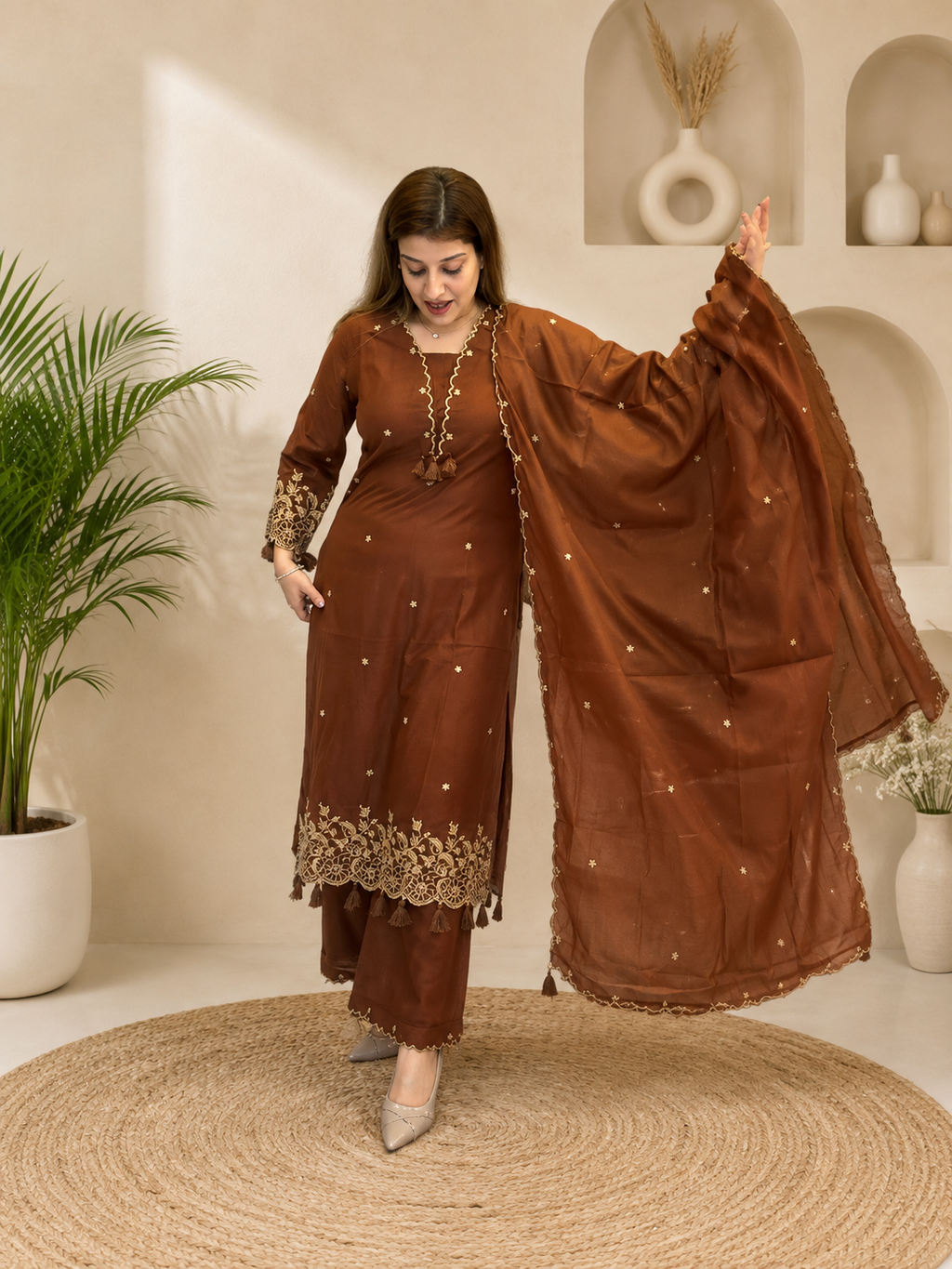 Festive Designer Brown Rayon Embroidery Straight Kurti Pants Set