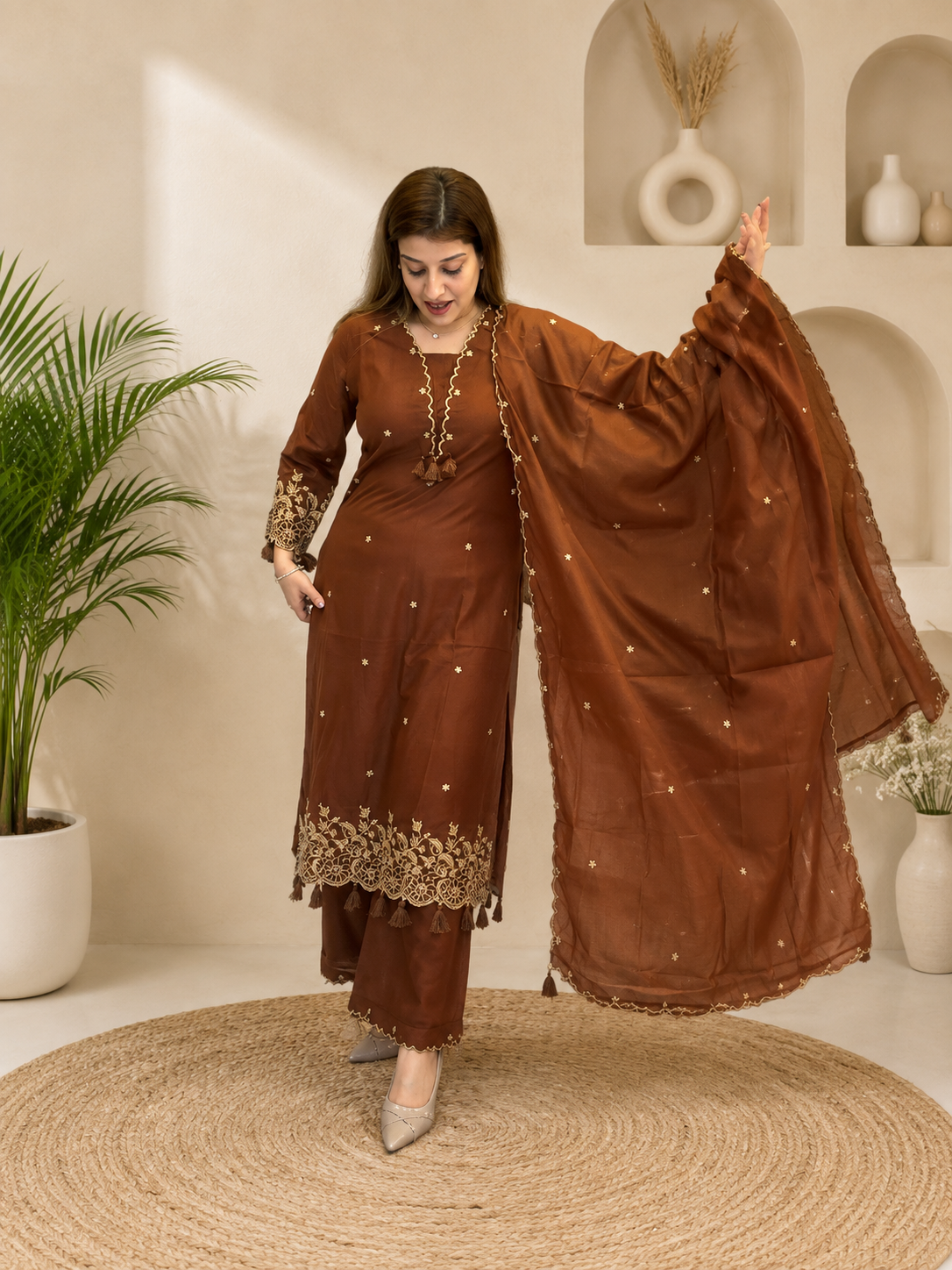 Festive Designer Brown Rayon Embroidery Straight Kurti Pants Set