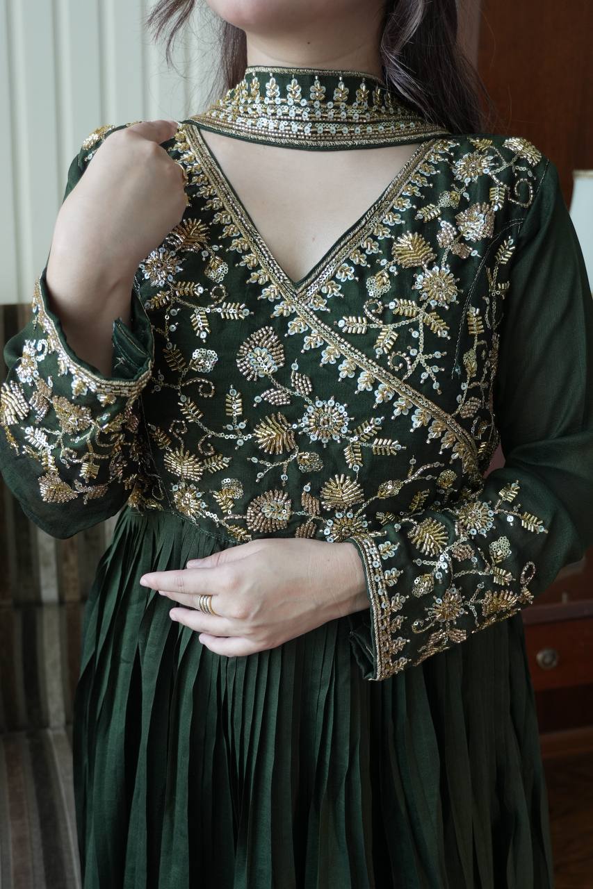Green Blooming Vichitra Silk Embroidered Anarkali Gown