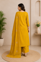 Festive Mustard Pure Cotton Suit Set with Floral Mirror Hand Work