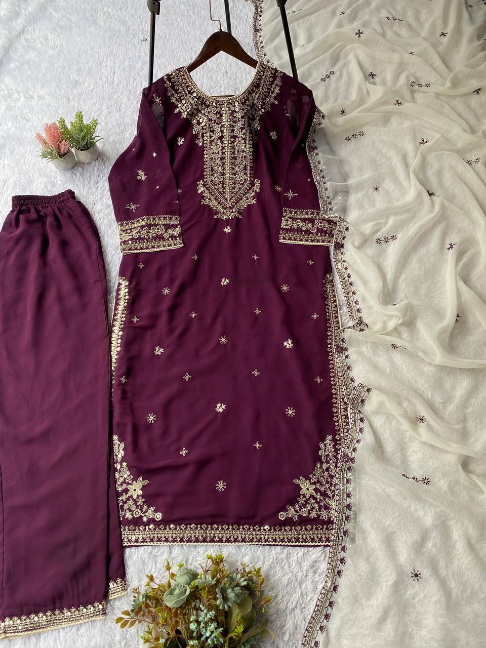 Elegant Royal Purple Faux Georgette Sequence Embroidery Salwar Suit Set