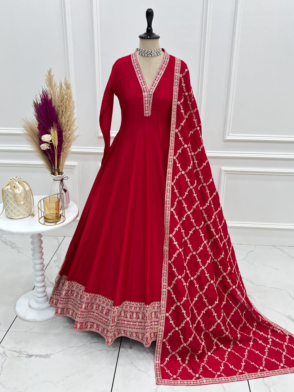 Cherry Red Luxury Festive Anarkali gown Suit with Intricate Silver Embroidery