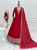Cherry Red Luxury Festive Anarkali gown Suit with Intricate Silver Embroidery