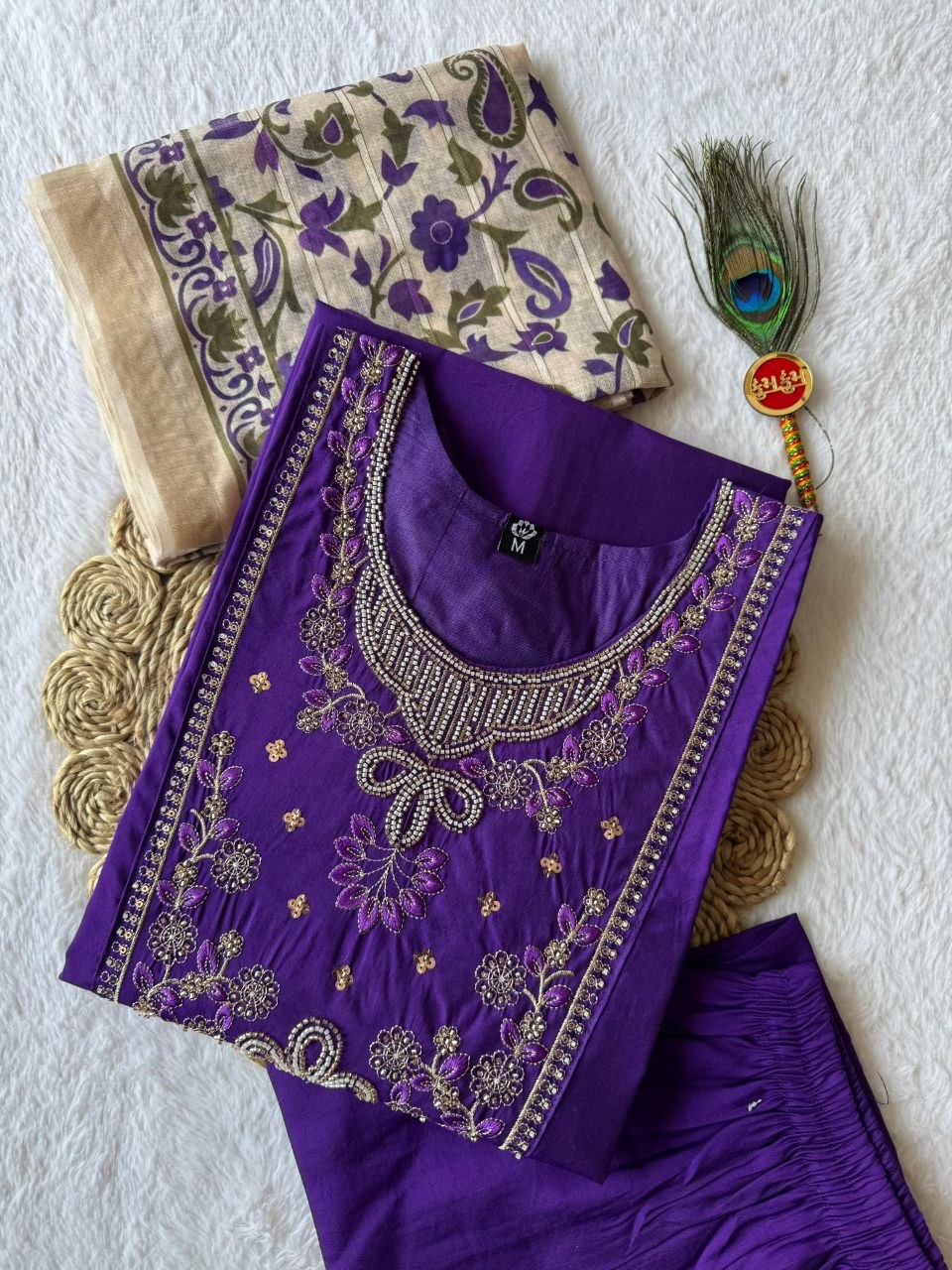 Premium Roman Silk Embroidered Suit Set with Kalamkari Dupatta