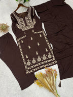 Very Attractive Brown Premium Rayon Embroidery Suit Set Set