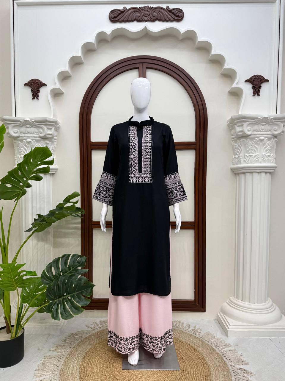 Black Rayon Thread Work Cotton Co-ord Kurta Set