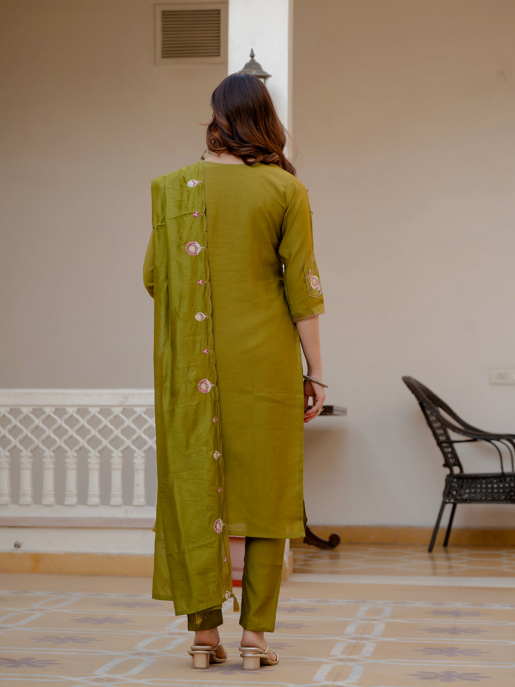 Women’s Olive Green Mango Silk Embroidered Suit Set
