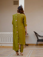 Women’s Olive Green Mango Silk Embroidered Suit Set