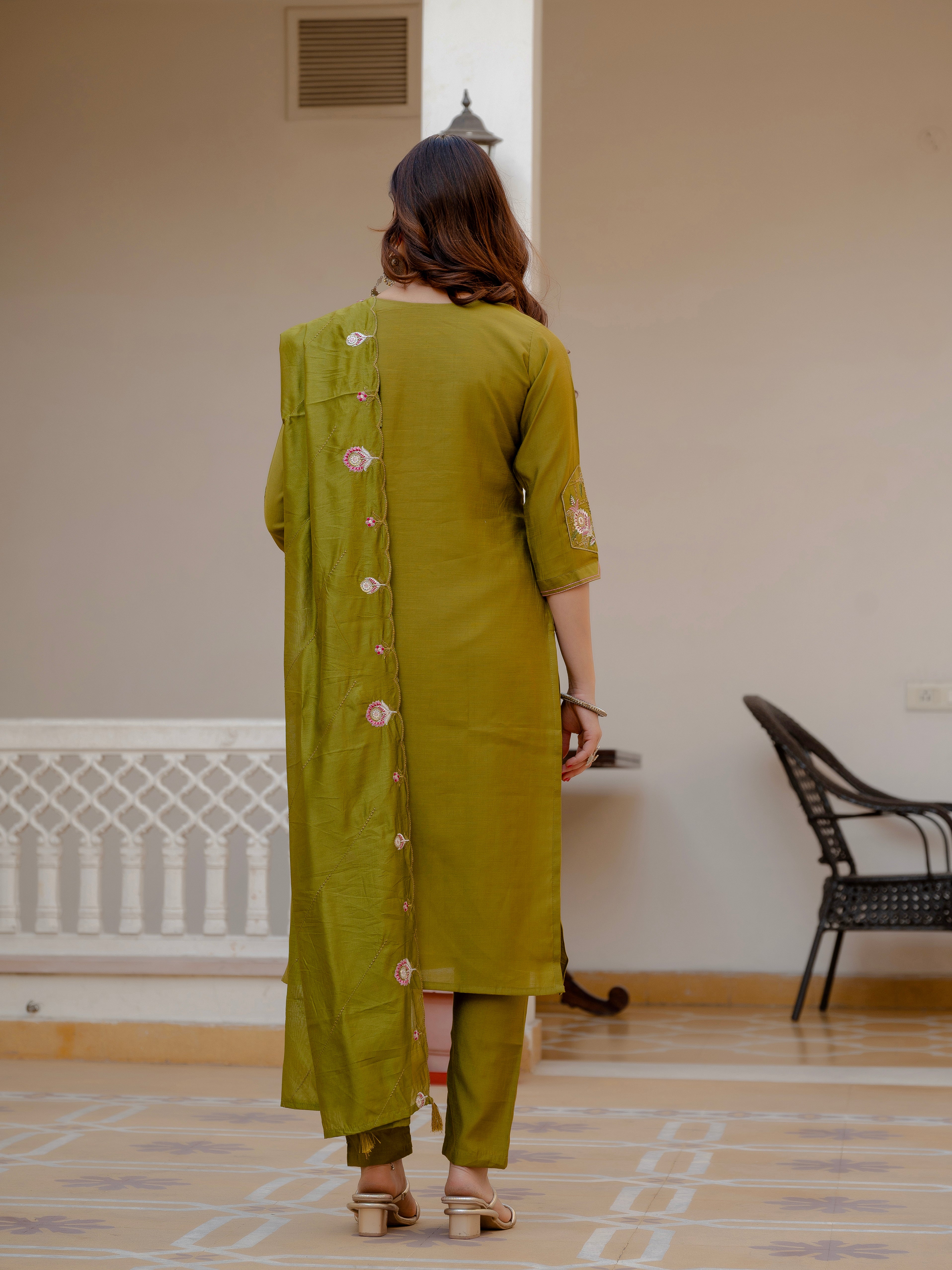 Women’s Olive Green Mango Silk Embroidered Suit Set