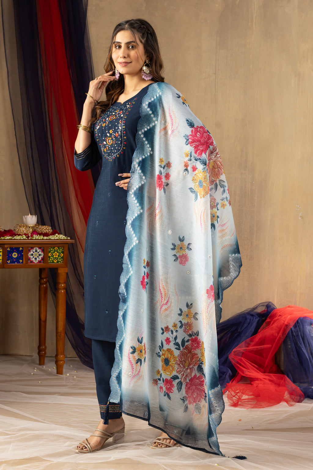 Premium Navy Blue Viscose Silk Multi Embroidered Suit Set