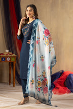 Premium Navy Blue Viscose Silk Multi Embroidered Suit Set