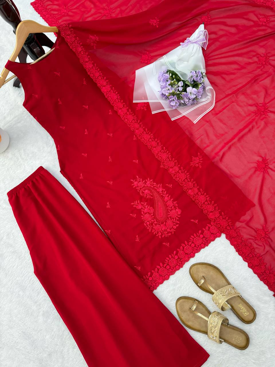 Premium Ruby Red Faux Georgette Festive Suit Set