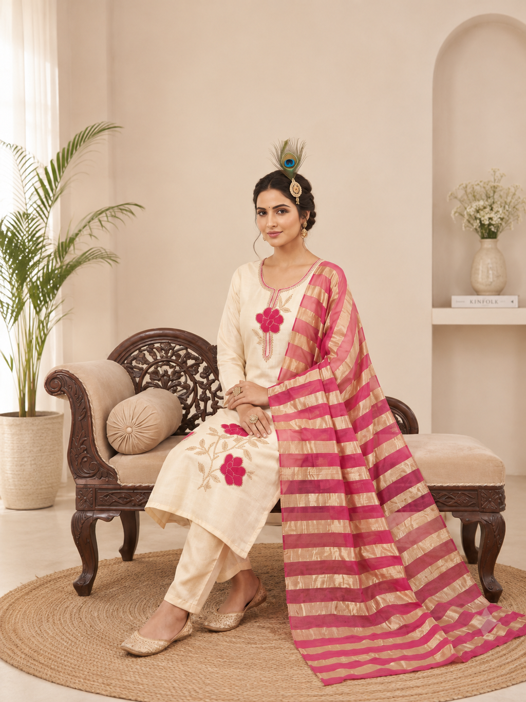 Elegant Beige Premium Roman Silk Beads Embroidered Suit Set