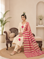 Elegant Beige Premium Roman Silk Beads Embroidered Suit Set
