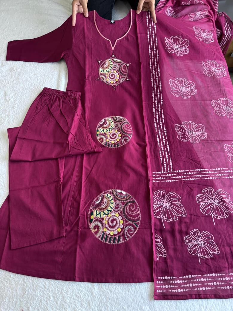 Wine Pure Cotton Embroidery Kurta Pant Set With Mandala Patchwork