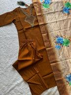 Very Attractive Brown Hand Embroidered Mul Chanderi Ethnic Suit Set