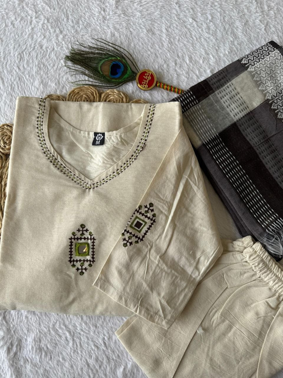 Premium Heritage Khadi Cotton Embroidery Suit Set With Real Mirror Work