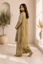 Elegant Olive Green Crunchy Silk Embroidered Suit Set with Organza Dupatta