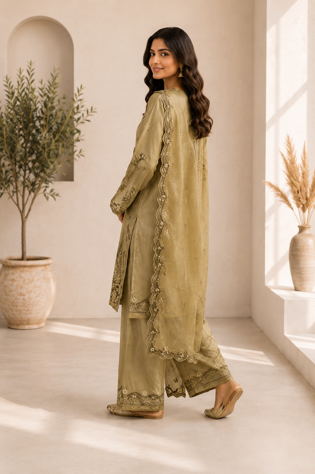 Elegant Olive Green Crunchy Silk Embroidered Suit Set with Organza Dupatta