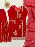 Festive Red Fox Georgette Designer Suit Set with Pearl Accent Dupatta