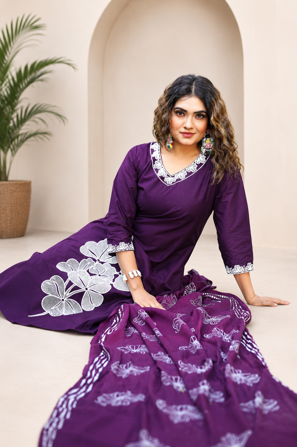 Very Attractive Royal Purple Floral Embroidered Cotton Suit Set
