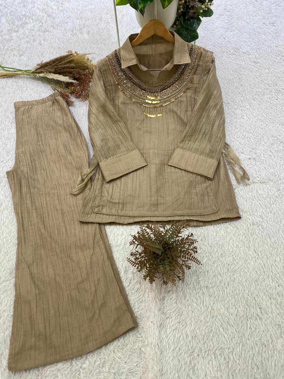 Premium Beige Salsa Crushed Festive Co-Ord Set