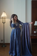 Deep Indigo Embroidered Vichitra Silk Anarkali Suit Set with Dupatta