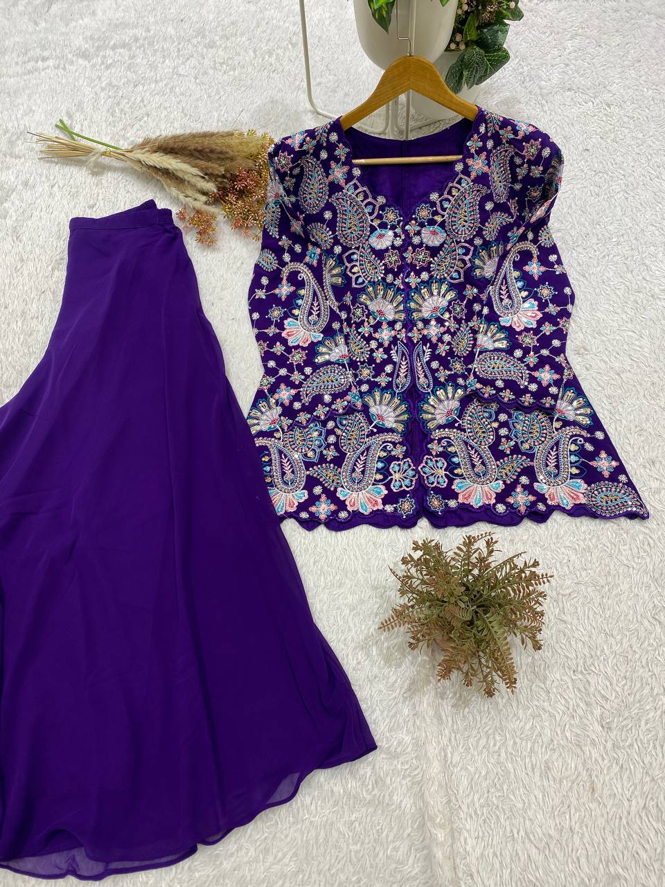 Festive Designer Royal Purple Georgette Indo-Western Set