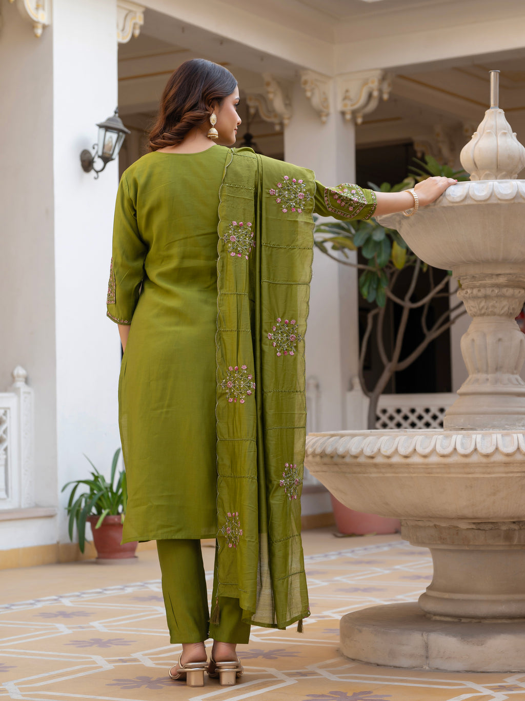 Luxury Pure Viscose Mango Silk Floral Embroidered Suit Set
